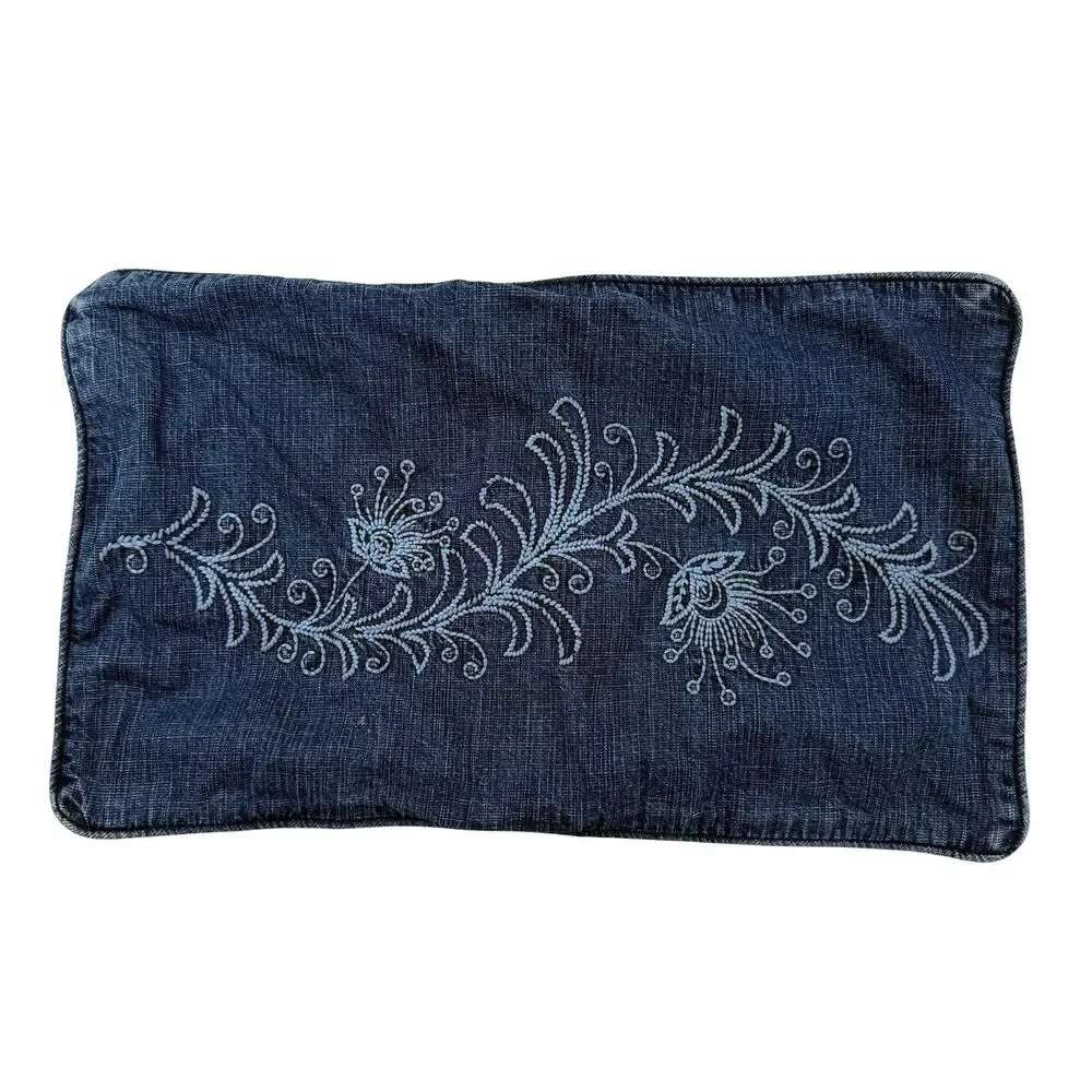 Pottery Barn Lumbar Pillow Cover Sham Cotton Denim Jean Embroidered 12x20 Blue